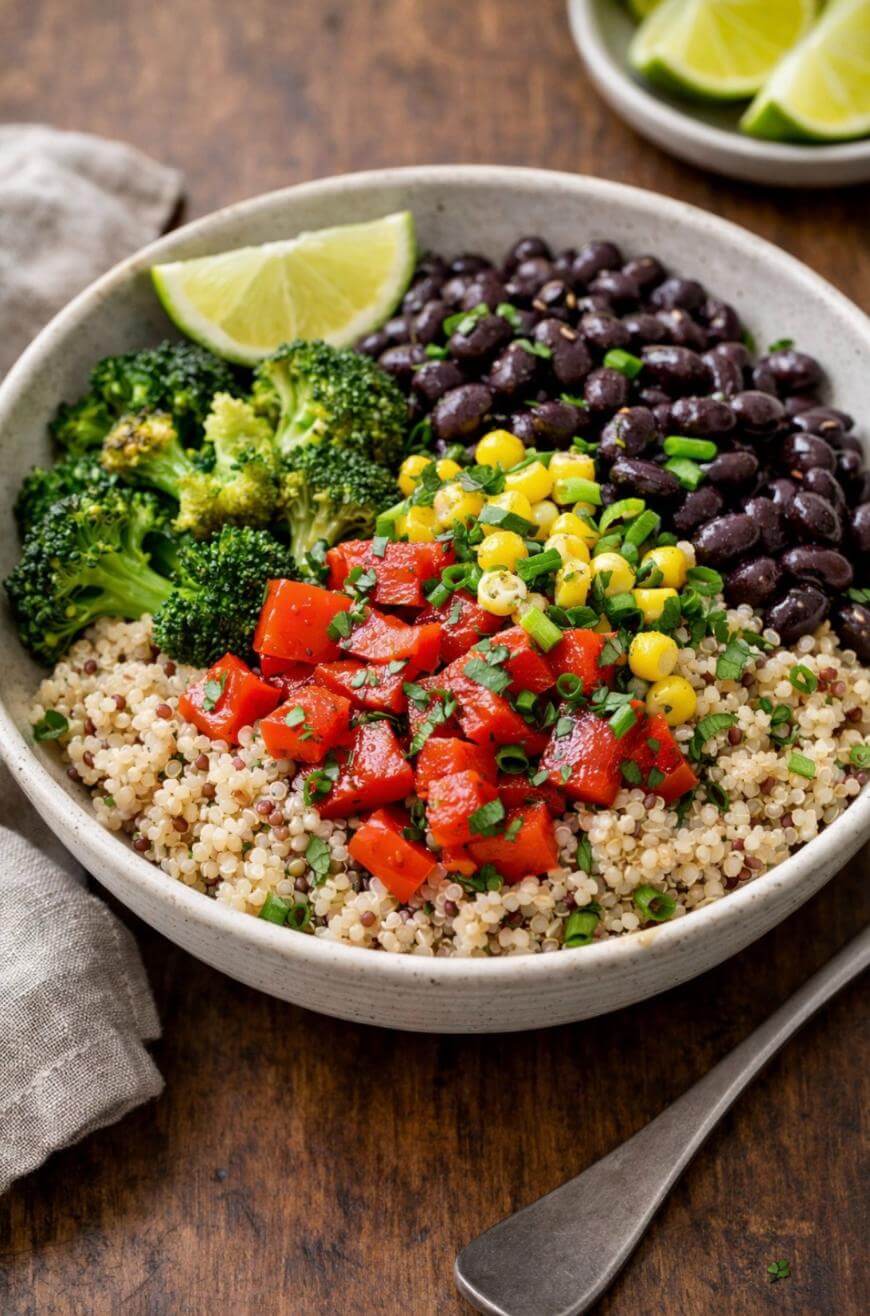 A bowl filled with quinoa, black beans, broccoli, diced red bell pepper, corn, and chopped green onions, garnished with a lime wedge, sits on a wooden table with a fork and a napkin nearby.