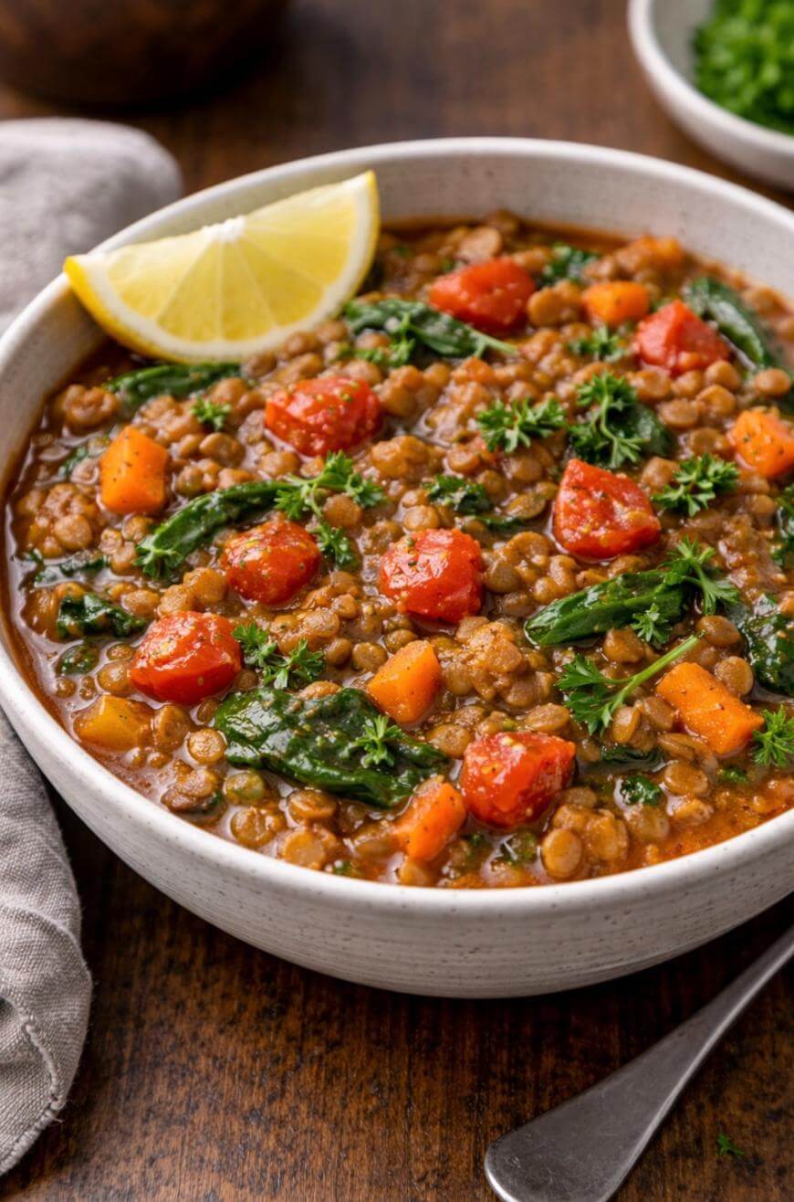 A bowl of lentil stew with tomatoes, carrots, kale, and fresh herbs, garnished with a lemon wedge, sits on a wooden table next to a beige napkin.
