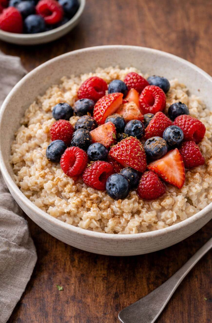 A bowl of oatmeal topped with fresh strawberries, blueberries, and raspberries sits on a wooden table next to a spoon and a beige napkin, with a small dish of extra berries in the background.