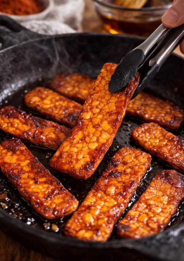 Slices of tempeh are being pan-fried in a cast iron skillet. One piece is being lifted with tongs, showing a golden-brown, caramelized surface. Steam rises, highlighting the freshly cooked tempeh.