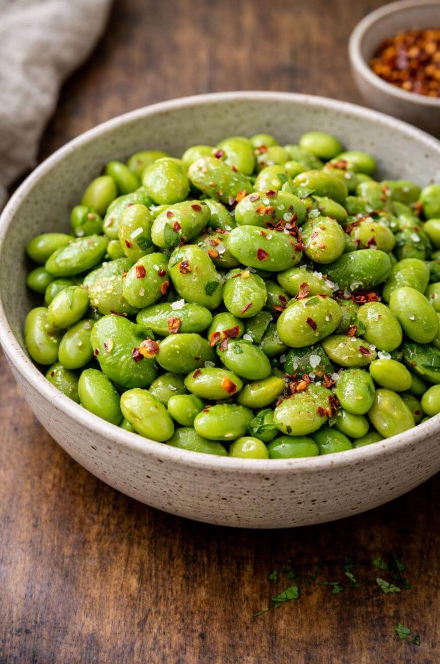 A bowl filled with bright green edamame beans sprinkled with red pepper flakes and grated cheese, set on a wooden surface.