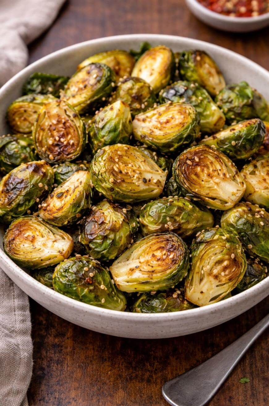 A bowl of roasted Brussels sprouts, halved and garnished with sesame seeds, sits on a wooden table next to a fork and a light-colored napkin.