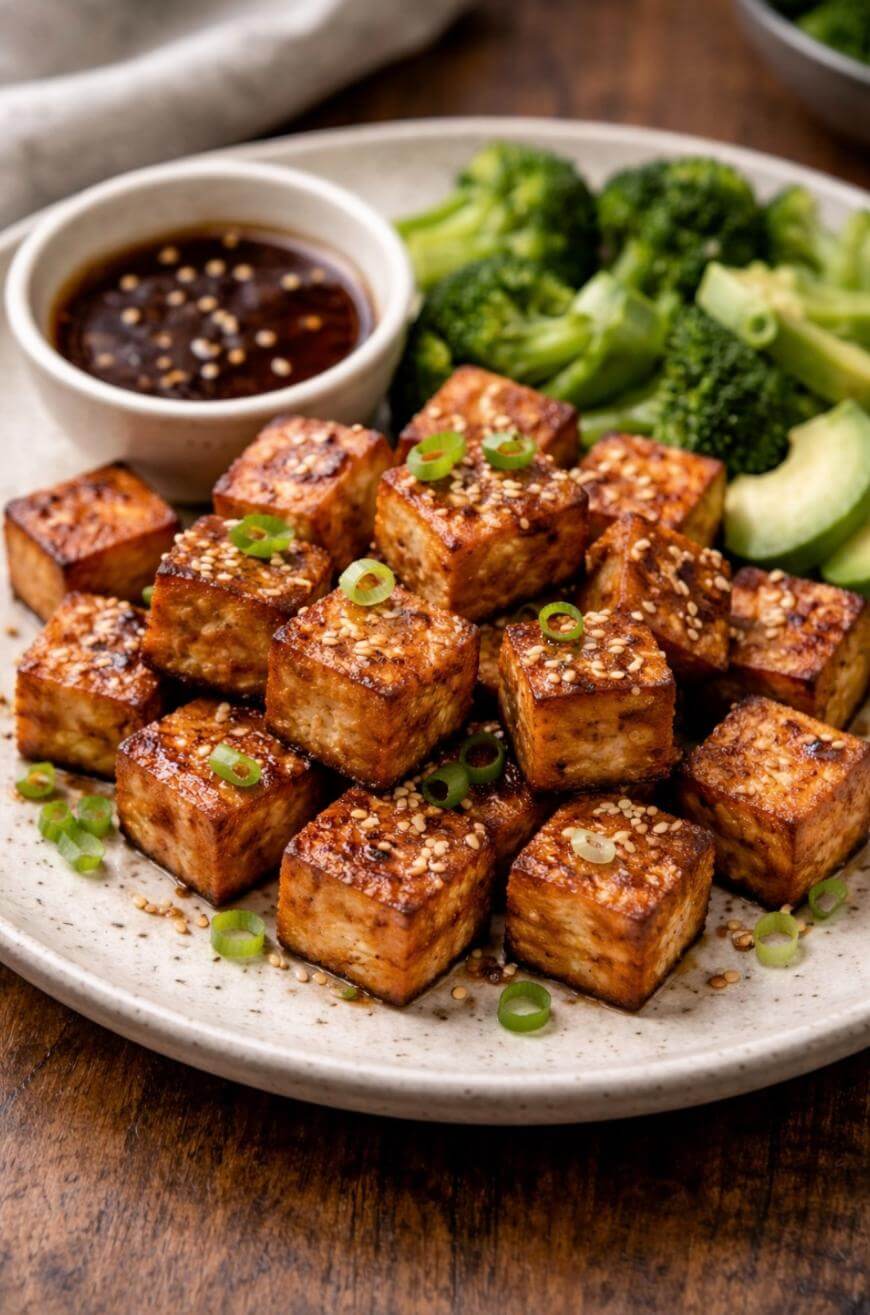 A plate of golden-brown tofu cubes garnished with sesame seeds and sliced green onions, served with broccoli, cucumber slices, and a small bowl of dipping sauce.