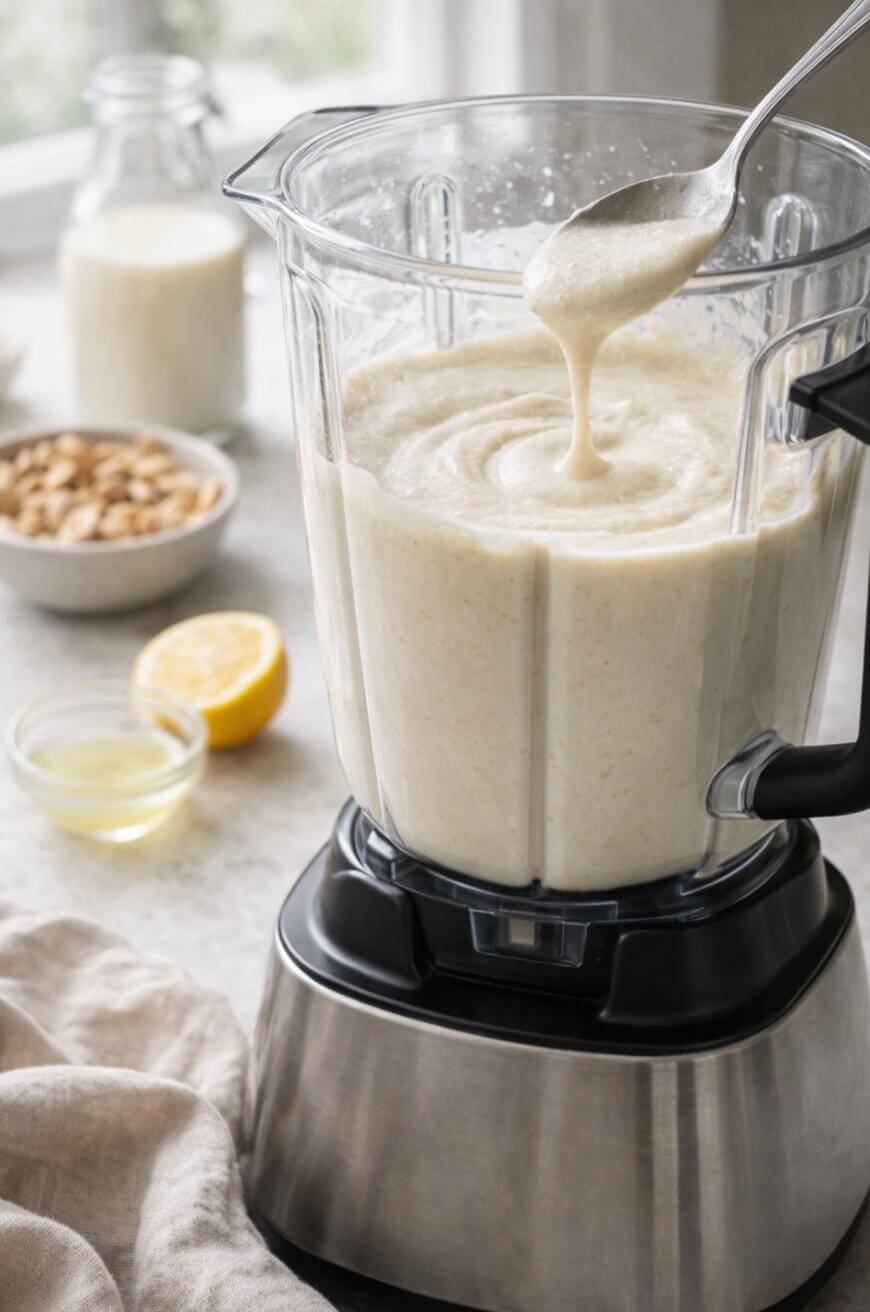 A blender filled with creamy white mixture being stirred with a spoon, with cashews, lemon, and a small bowl of liquid on the counter nearby. A bottle of milk sits in the background.