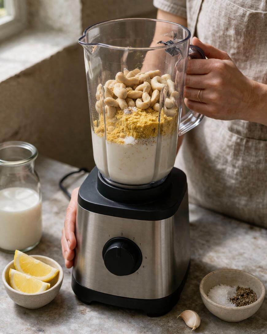 A person holds a blender filled with cashews, spices, and liquid on a kitchen counter, surrounded by a jar of milk, a bowl of lemon wedges, a bowl of salt, a clove of garlic, and a bowl of pepper.