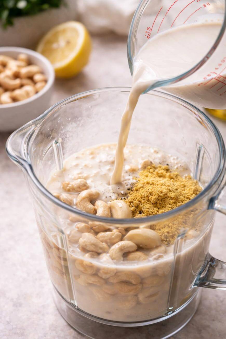 A blender filled with cashews, nutritional yeast, and seasonings has liquid being poured in from a measuring cup. A bowl of cashews and a lemon are in the background.