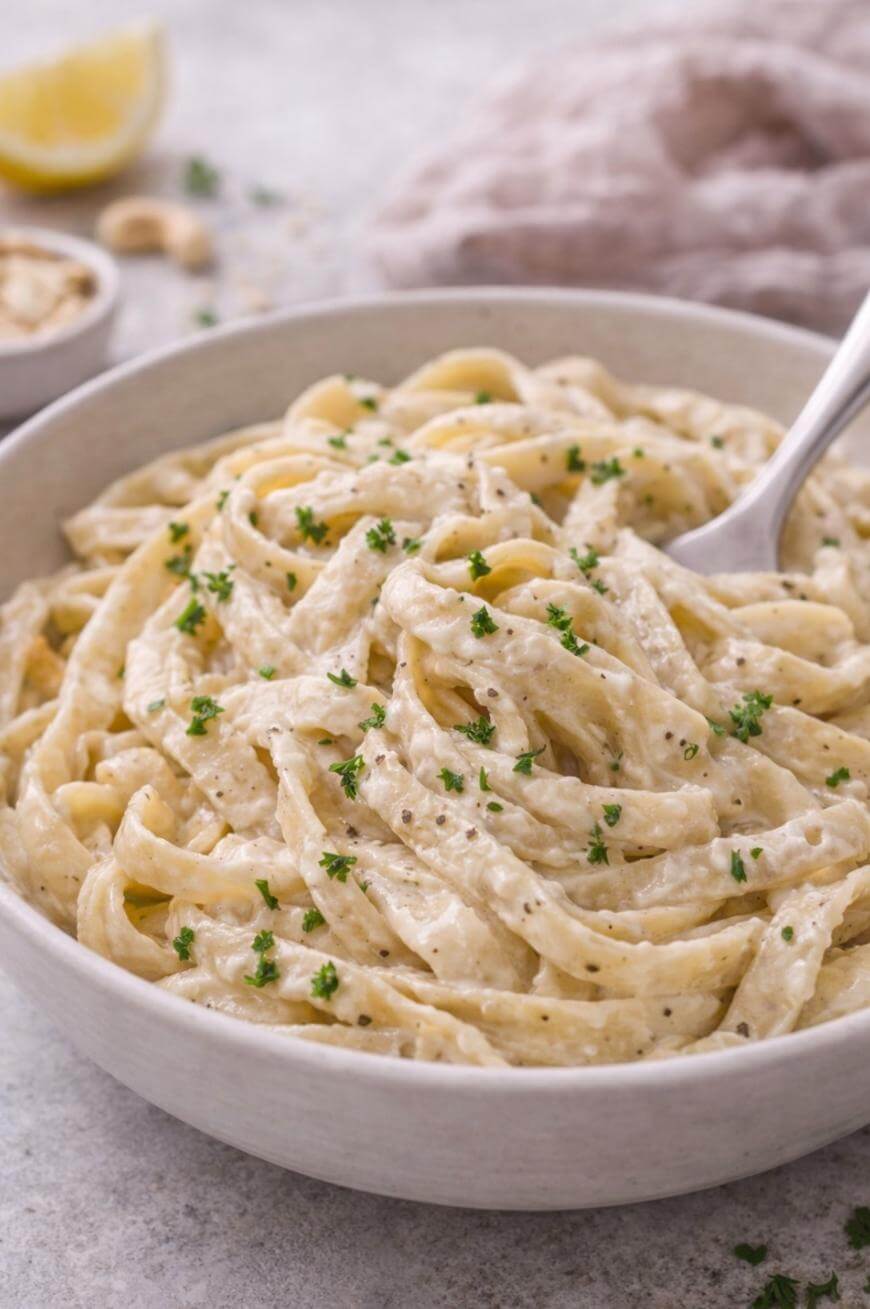 A bowl of creamy fettuccine pasta garnished with chopped parsley, with a fork twirling some noodles. A lemon wedge and a small bowl of nuts are visible in the background.