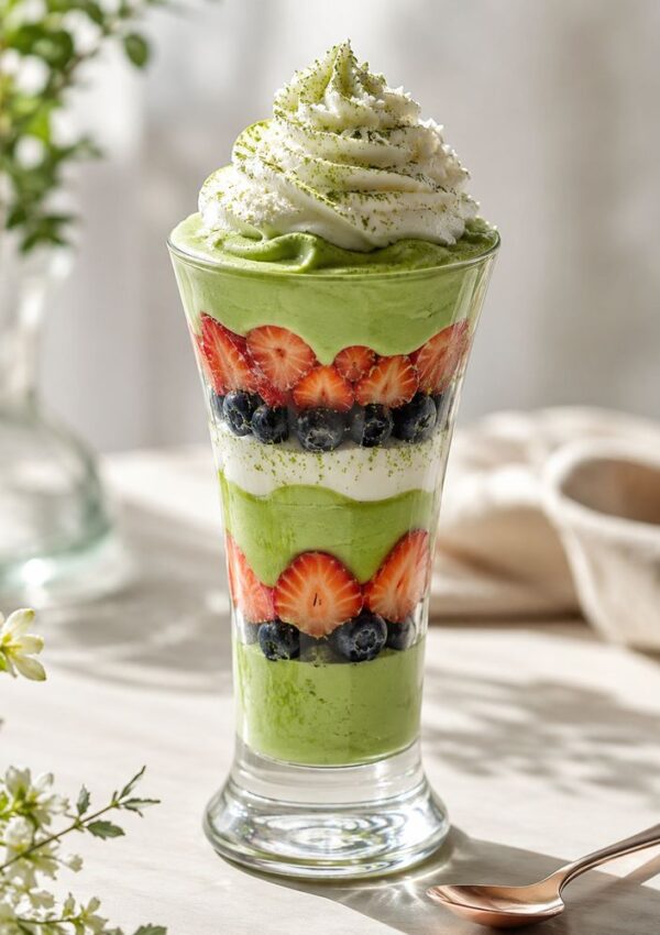 A tall glass parfait featuring layers of tofu matcha mousse, sliced strawberries, blueberries, and whipped cream, all topped with a sprinkle of matcha powder—an easy recipe set on a light table.