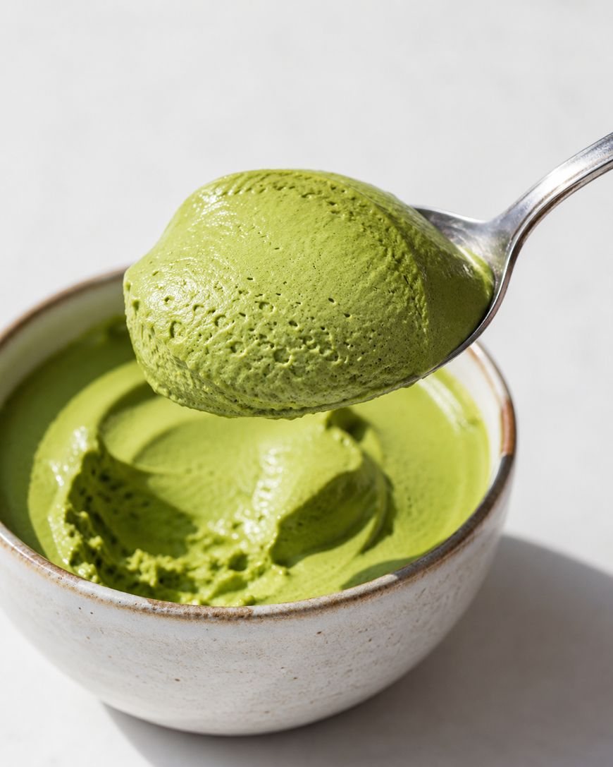 A spoon lifts a creamy scoop of green matcha ice cream from a small white bowl, set against a light background.