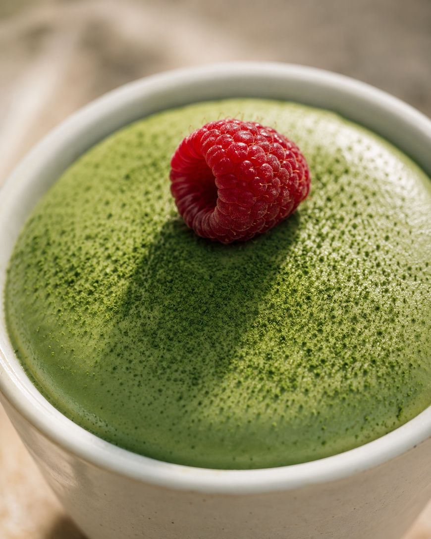 A close-up of a green matcha mousse in a white bowl, topped with a single fresh raspberry and a dusting of matcha powder.