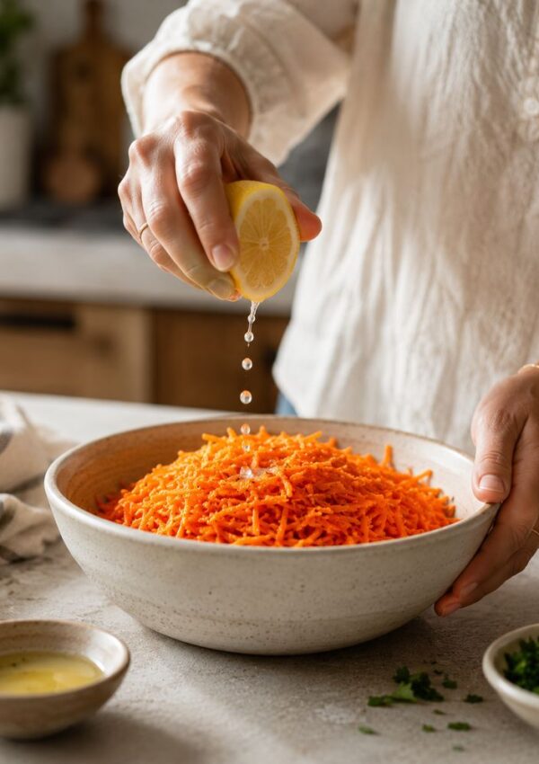 A person squeezes a lemon over a bowl of shredded carrots, with chopped herbs and a small bowl of dressing nearby on a kitchen counter.