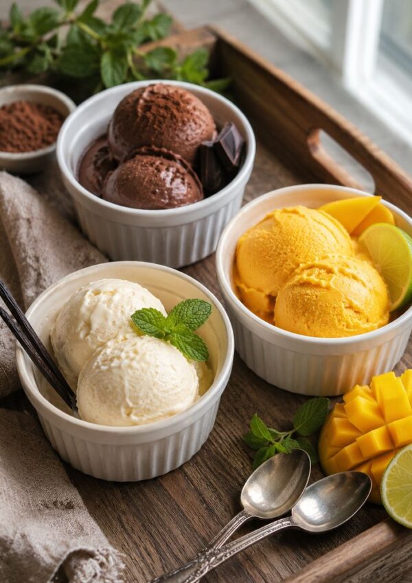 Three bowls of ice cream—chocolate, vanilla, and mango—garnished with mint, chocolate, lime, and mango slices, on a wooden tray with two spoons and a small dish of cocoa powder.