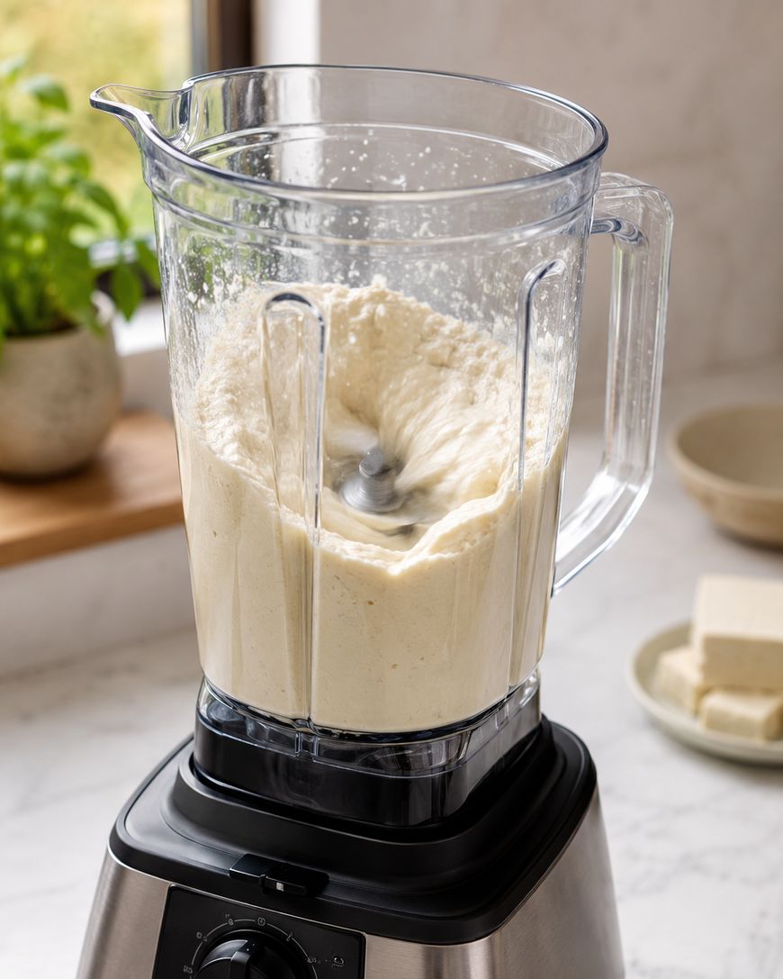 A blender filled with a creamy mixture is blending on a kitchen counter. Theres a plant, a bowl, and cubed tofu in the background near a window.