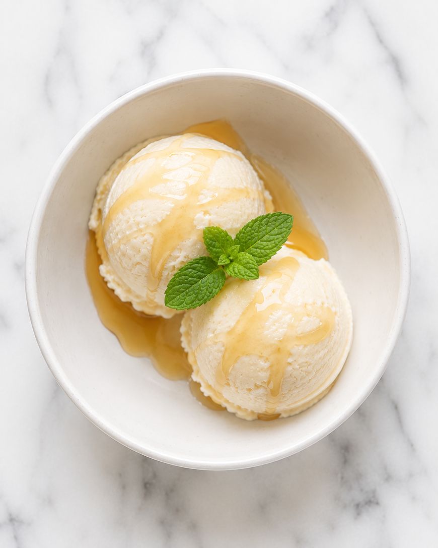 Two scoops of vanilla ice cream in a white bowl, drizzled with caramel sauce and garnished with a sprig of fresh mint, on a marble surface.