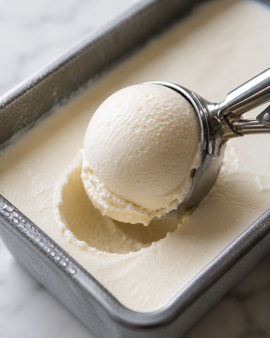 An ice cream scoop lifts a round scoop of vanilla ice cream from a metal container filled with creamy ice cream, set on a white surface.