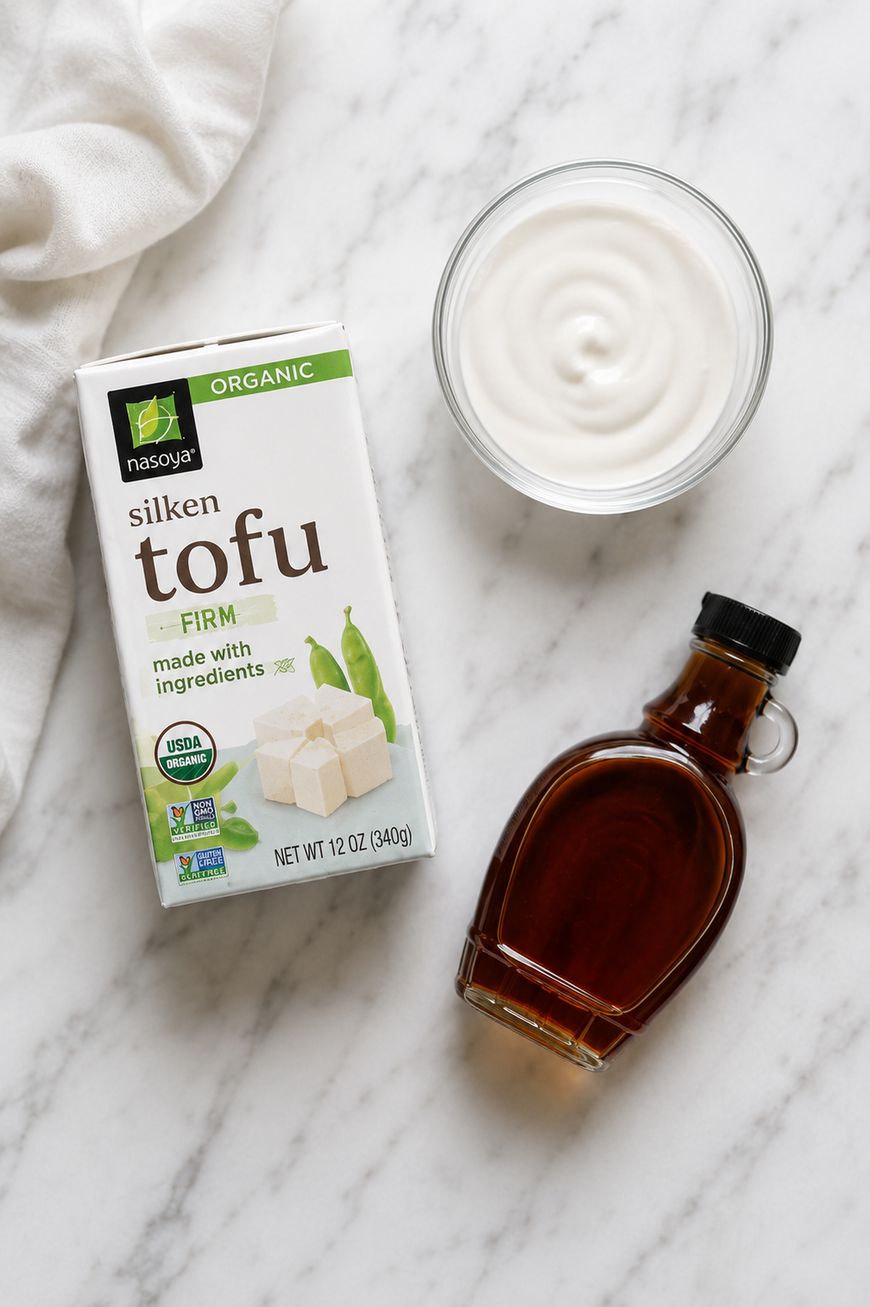 A carton of silken tofu, a glass bowl of yogurt, and a glass bottle of maple syrup are arranged on a white marble surface next to a white cloth.