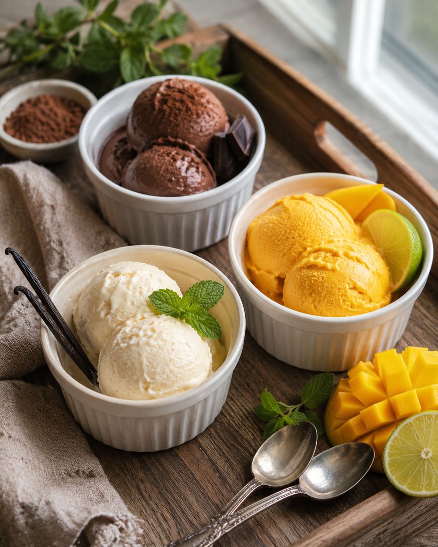 Three bowls of ice cream—chocolate, vanilla, and mango—garnished with mint, vanilla beans, lime, and mango slices, are arranged on a wooden tray with two spoons and a beige cloth.