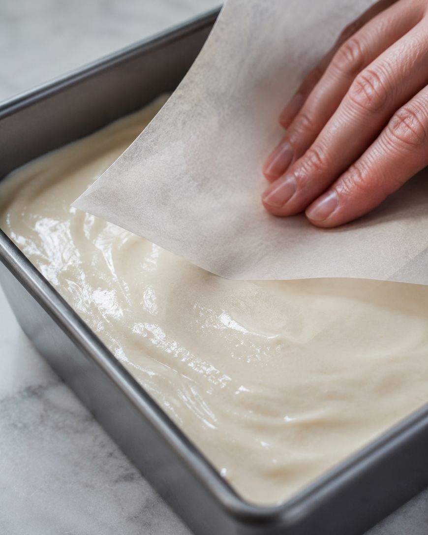 A hand places parchment paper over smooth cake batter in a square metal baking pan on a marble countertop.