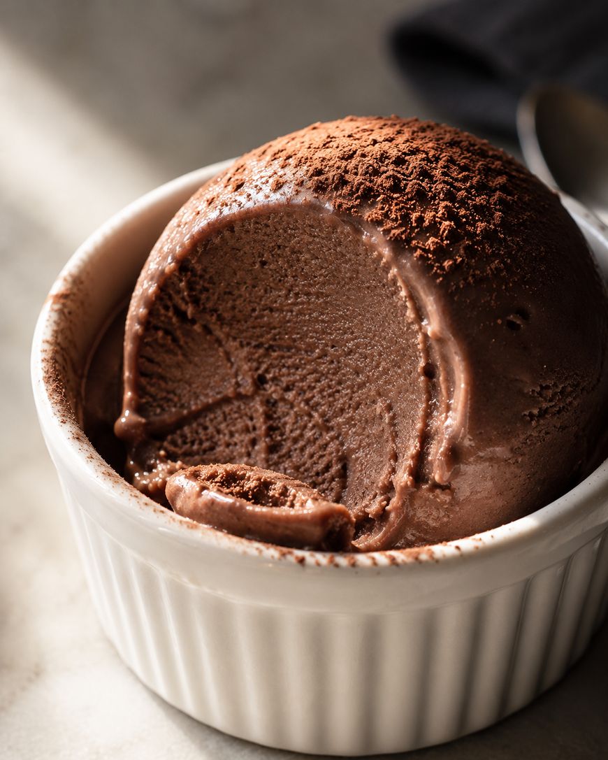 A close-up of a scoop of chocolate ice cream with cocoa powder dusted on top, served in a small white ramekin.