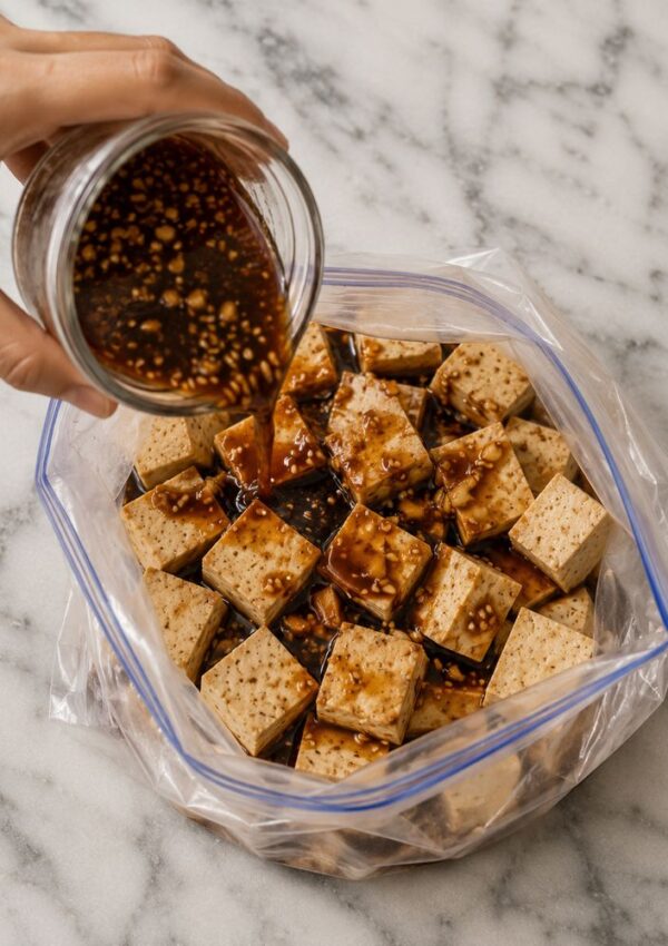 A hand pours dark marinade over cubed tofu in a clear plastic bag on a marble surface, preparing the tofu for marinating.