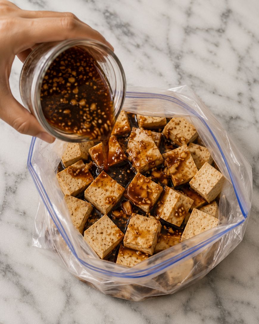 A hand pours a dark, chunky marinade from a jar over cubed tofu in a clear zip-top bag on a marble surface.