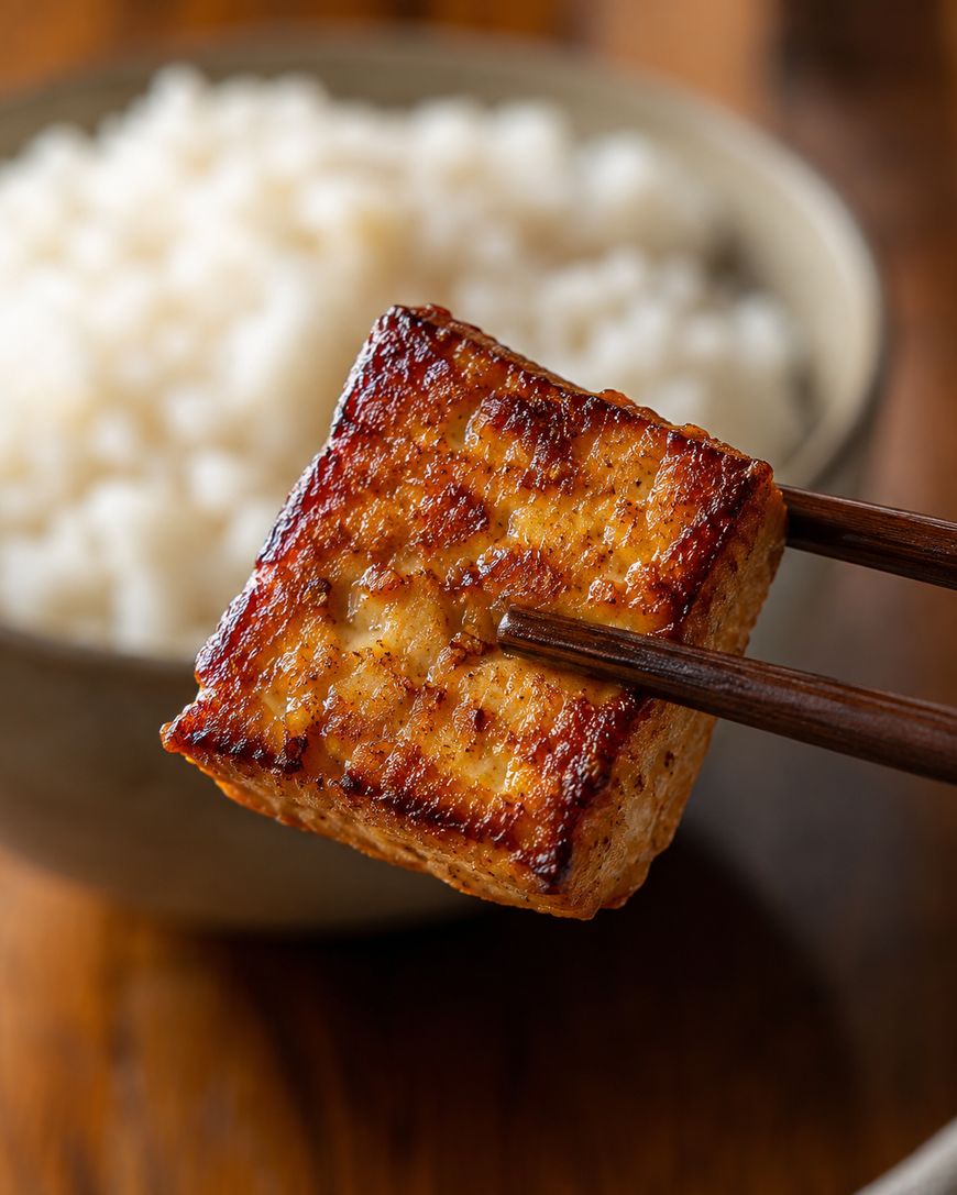 Chopsticks hold a piece of grilled tofu, browned on the surface, with a bowl of white rice blurred in the background.