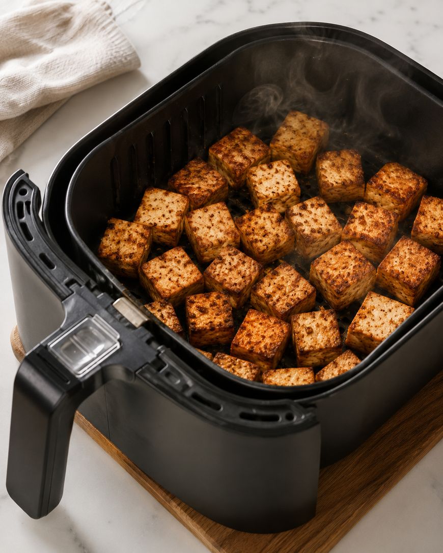 Cubed, browned tofu pieces are arranged inside an open black air fryer basket on a wooden board. Steam rises from the hot tofu, suggesting it is freshly cooked. A folded white towel is partially visible in the background.