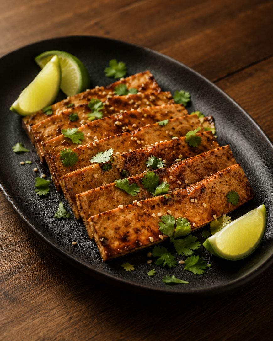 Sliced grilled tofu topped with sesame seeds and cilantro, served on a black plate with lime wedges, set on a wooden table.