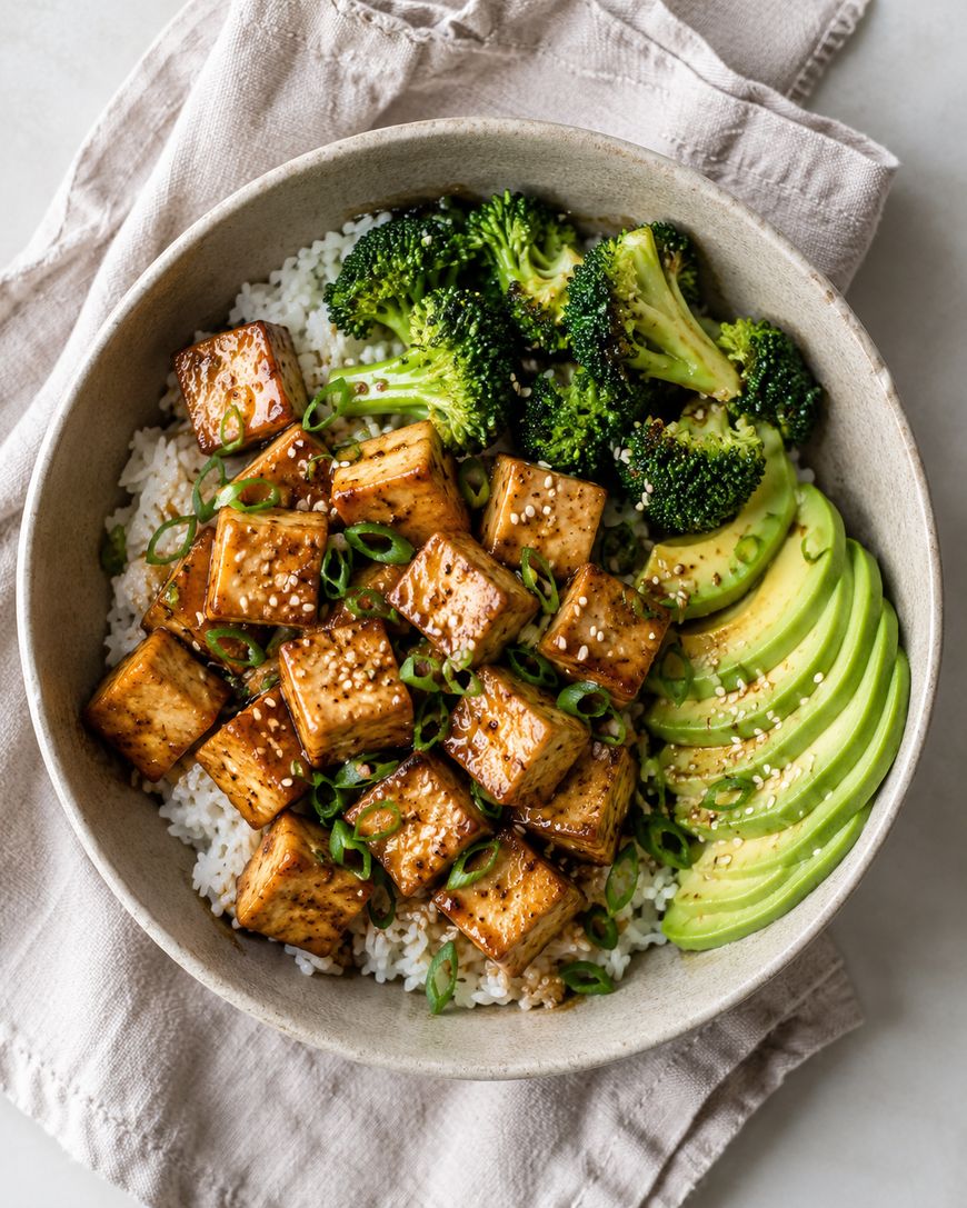 A bowl of white rice topped with glazed tofu cubes, broccoli florets, sliced avocado, sesame seeds, and chopped green onions, placed on a folded beige napkin.
