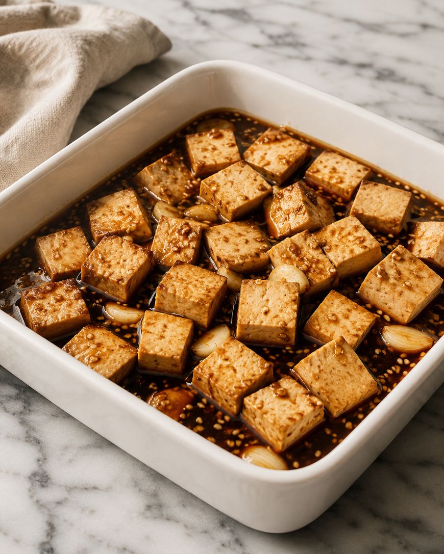 Cubed tofu marinating in a soy-based sauce with sesame seeds and garlic cloves in a white square dish on a marble countertop. A beige cloth is visible in the background.