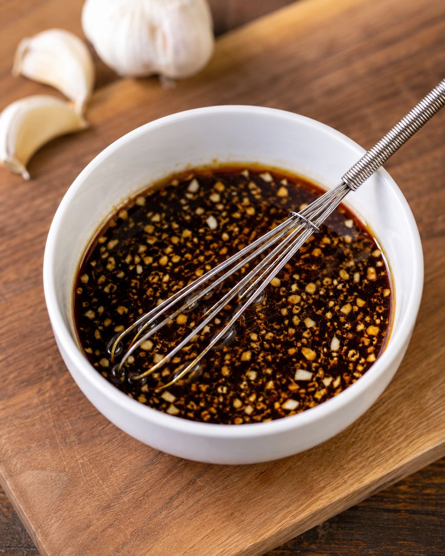 A white bowl filled with a dark, chunky sauce and a metal whisk, placed on a wooden board. Garlic cloves and a garlic bulb are in the background.