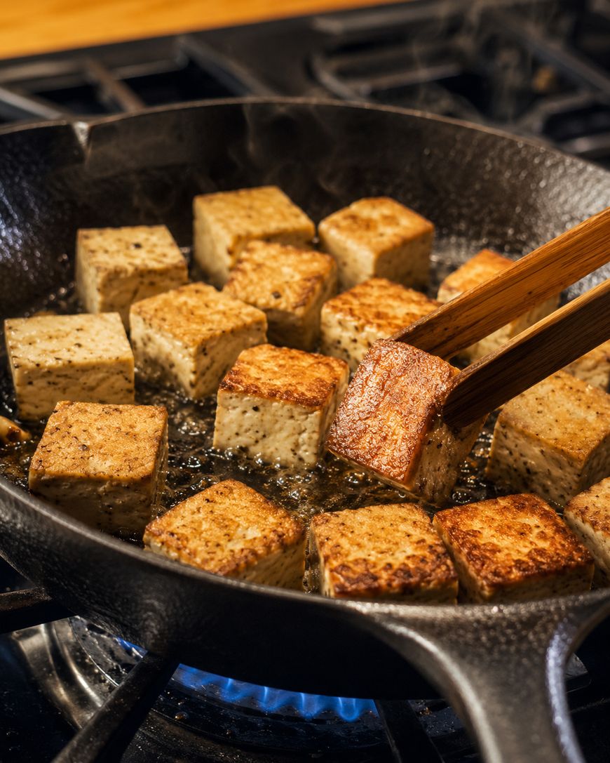 Cubes of tofu are being pan-fried in a cast iron skillet on a gas stove. One piece is held by wooden tongs, showing a golden, crispy side.