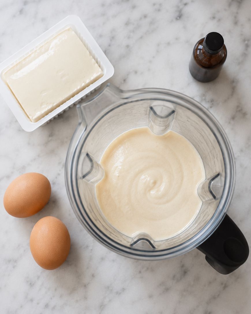 A blender with a creamy mixture inside sits on a marble counter, next to two eggs, a block of cream cheese in a tray, and a small bottle of vanilla extract.