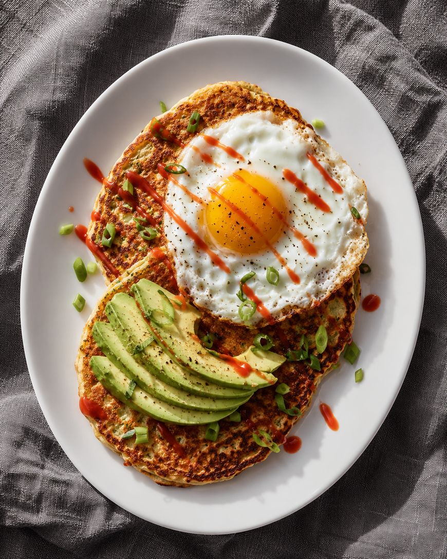 A white plate with two oat pancakes topped with sliced avocado, a sunny-side-up egg, green onions, black pepper, and drizzled hot sauce, on a gray textured cloth background.