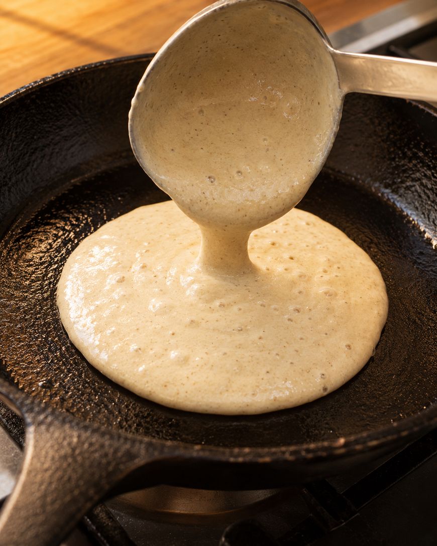 A ladle pours pancake batter onto a hot, black cast iron skillet on a stovetop, starting to cook a pancake.
