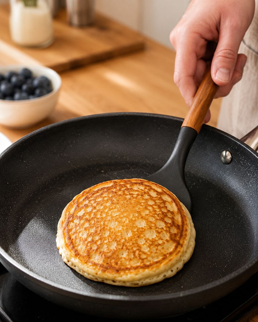 A hand flips a golden-brown pancake in a black frying pan. A bowl of blueberries and other kitchen items are blurred in the background.