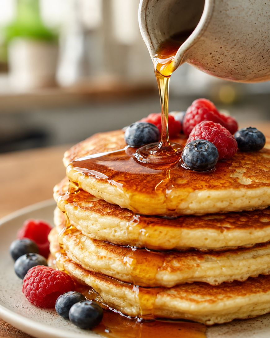 A stack of pancakes topped with fresh raspberries and blueberries, with syrup being poured over them from a small pitcher.