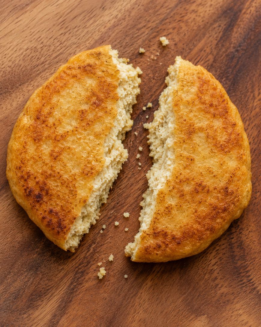 A round, golden-brown bread is split in half on a wooden surface, with crumbs scattered between the two pieces.