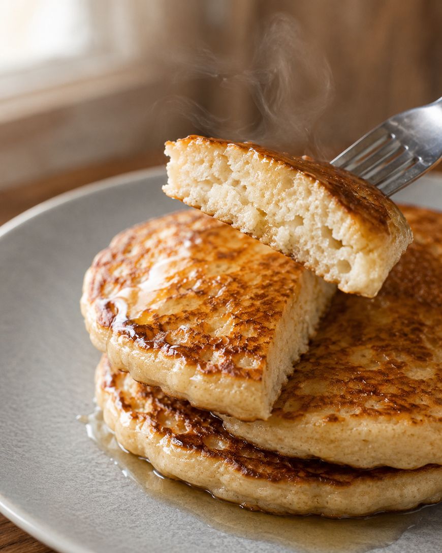 A stack of fluffy pancakes covered in syrup sits on a plate. A fork holds a steaming bite-sized piece above the stack, showing the pancakes’ soft, airy texture.