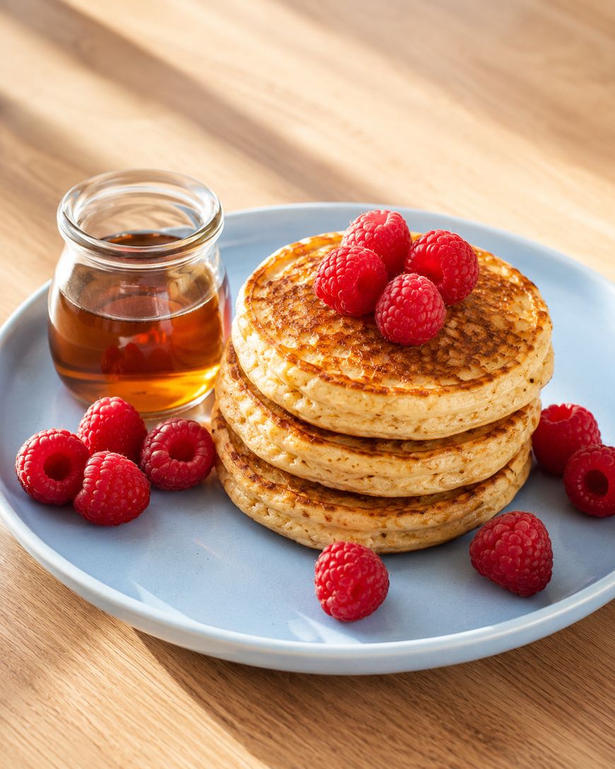 A stack of three pancakes topped with fresh raspberries, surrounded by more raspberries on a light blue plate, next to a small glass jar of syrup, all on a wooden surface.