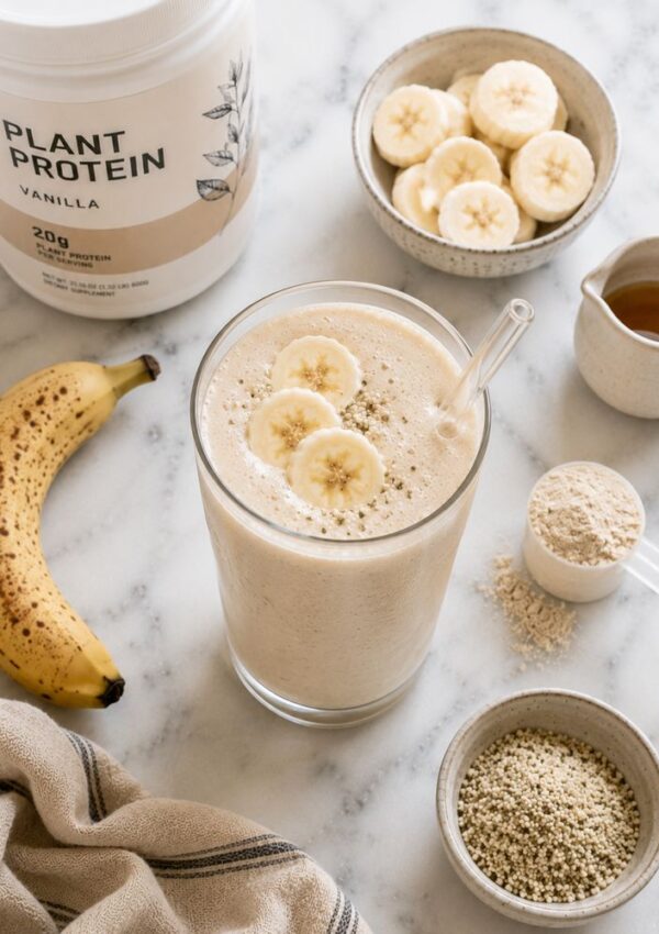 A glass of banana smoothie topped with banana slices, surrounded by a banana, vanilla plant protein powder, honey, hemp seeds, a scoop of protein powder, and a bowl of banana slices on a marble surface.