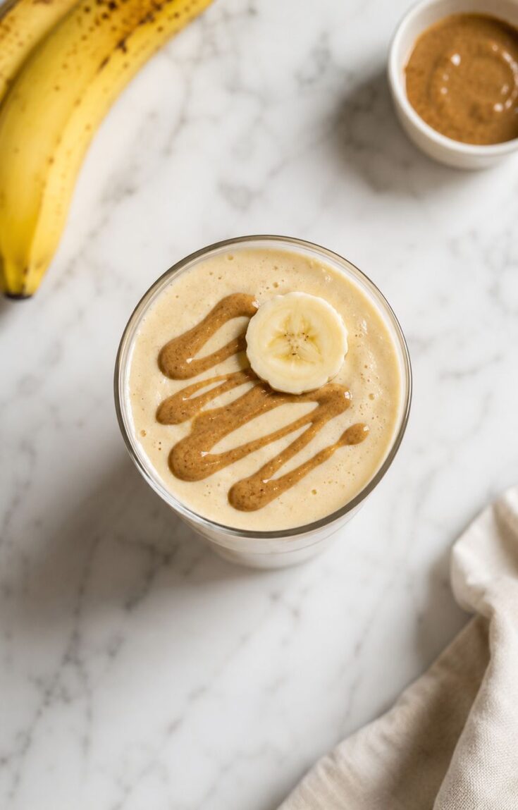 A glass of banana smoothie topped with a banana slice and a drizzle of nut butter sits on a marble surface. Two bananas and a small bowl of nut butter are in the background.