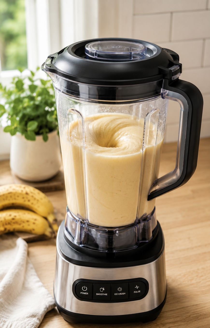 A blender on a wooden counter mixes a creamy smoothie. There are bananas, a white towel, and a potted plant nearby, with a window and white tile backsplash in the background.