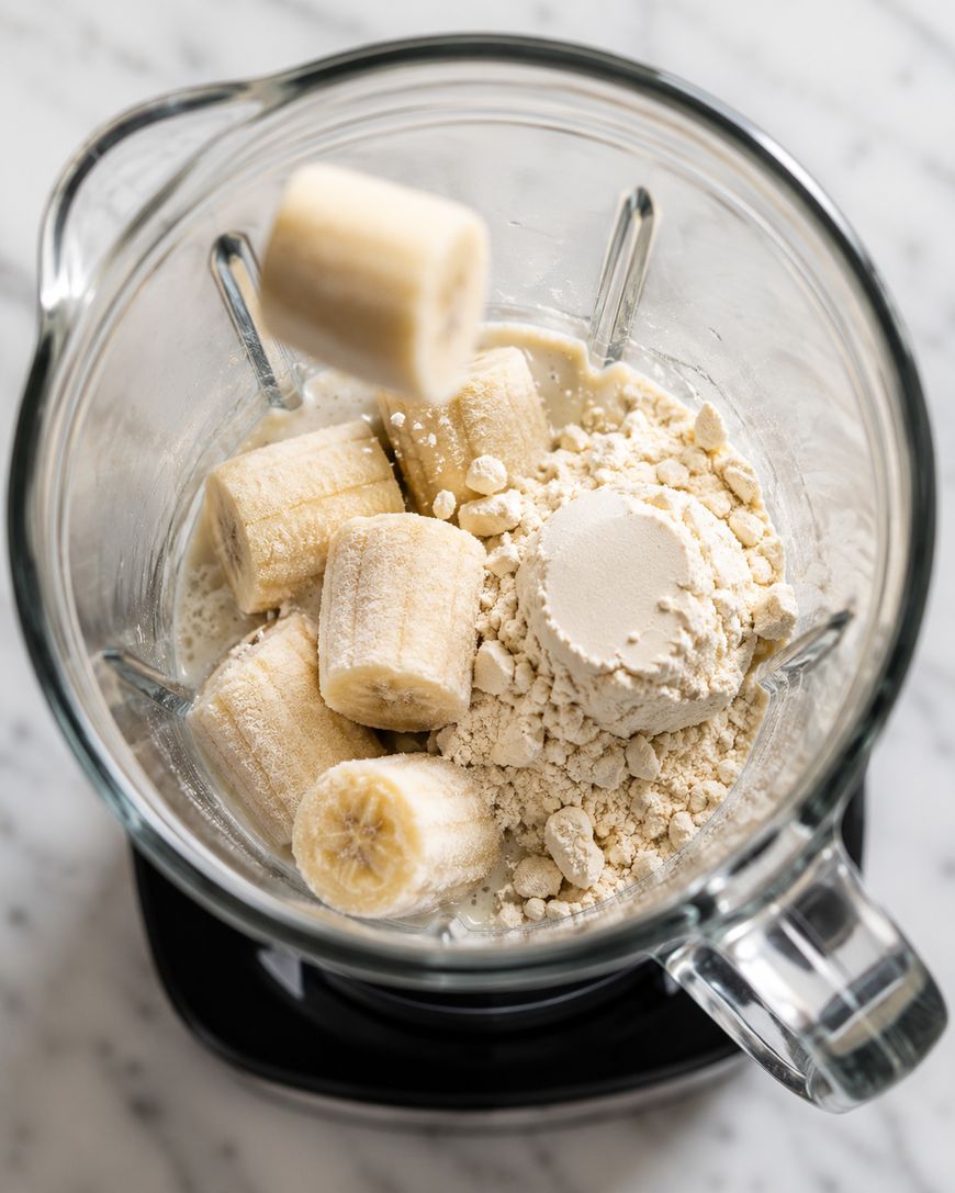 A blender contains banana pieces, protein powder, and liquid, ready to be blended. One banana piece is being dropped in from above. The blender sits on a marble countertop.