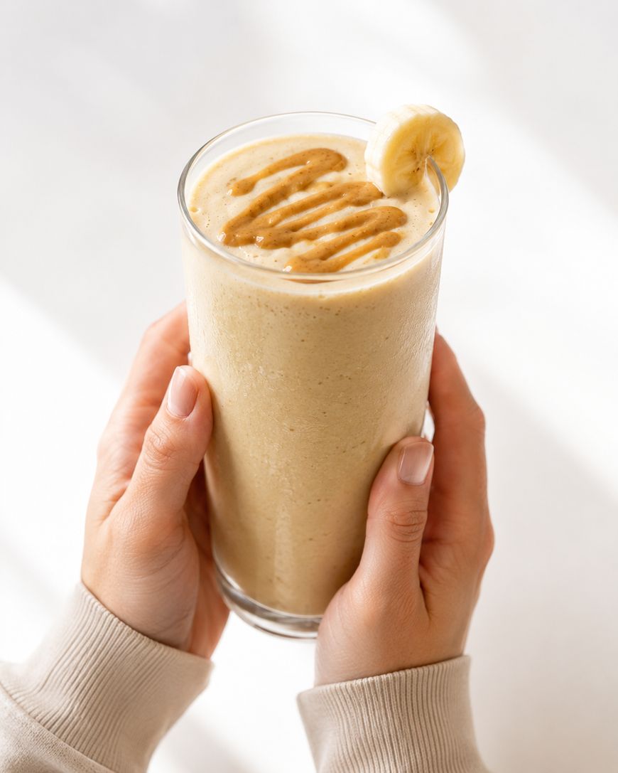 A person holds a glass of creamy banana smoothie topped with a drizzle of peanut butter and garnished with a banana slice on the rim.