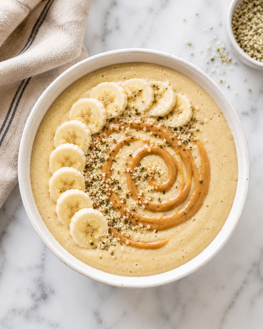A smoothie bowl topped with banana slices, a swirl of peanut butter, and sprinkled hemp seeds, placed on a marble surface with a beige cloth and a small bowl of hemp seeds nearby.