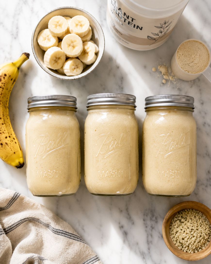 Three mason jars filled with banana smoothie are on a marble surface, surrounded by sliced bananas, a whole banana, a plant protein powder container, a scoop of powder, hulled hemp seeds, and a striped cloth.