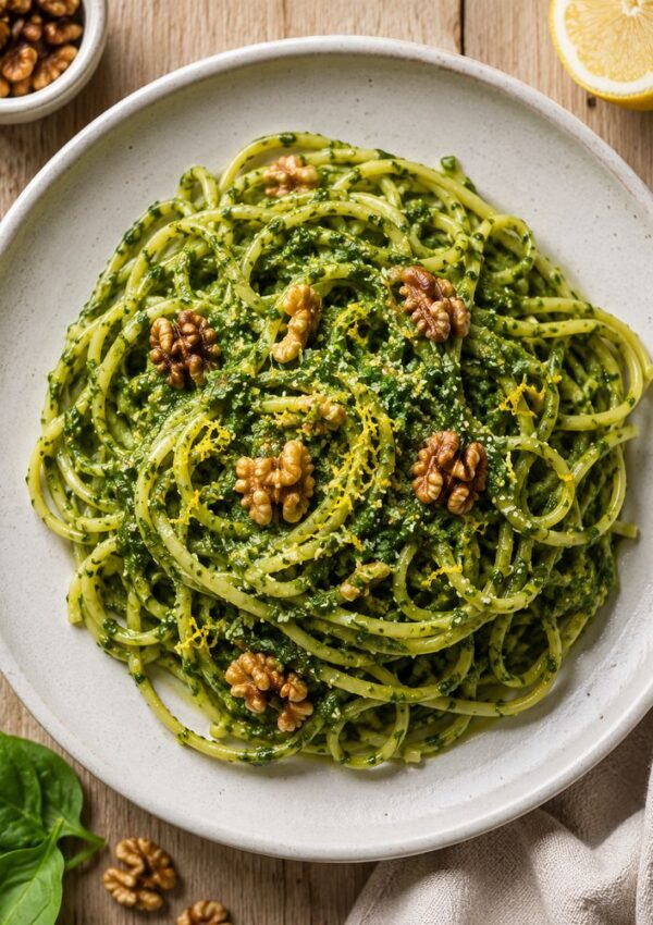 A plate of linguine pasta with green pesto sauce, topped with walnuts and grated cheese, sits on a wooden surface. Spinach leaves and a lemon half are nearby.