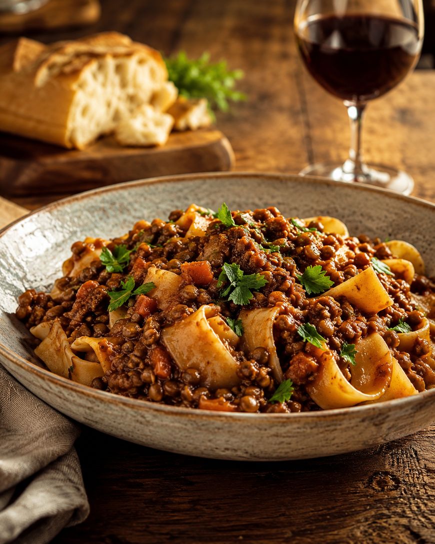 A bowl of pasta with a rich meat sauce, garnished with parsley, sits on a rustic wooden table. A glass of red wine and a loaf of bread are in the background.