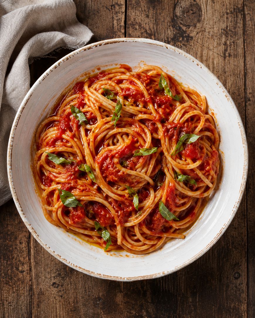 A white bowl filled with spaghetti topped with red tomato sauce and fresh basil leaves, placed on a rustic wooden table with a beige cloth nearby.